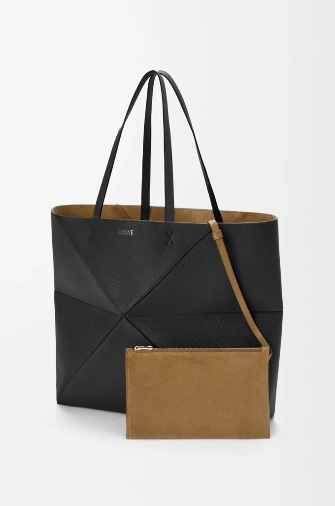 Grand sac fourre-tout Puzzle Fold horizontal en cuir de veau grainé souple Noir