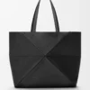 Grand sac fourre-tout Puzzle Fold horizontal en cuir de veau grainé souple Noir