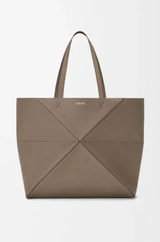 Grand sac fourre-tout Puzzle Fold horizontal en cuir de veau grainé souple Taupe