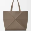 Grand sac fourre-tout Puzzle Fold horizontal en cuir de veau grainé souple Taupe