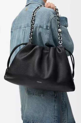 Grand sac à main Flamenco en cuir de veau grainé fin noir