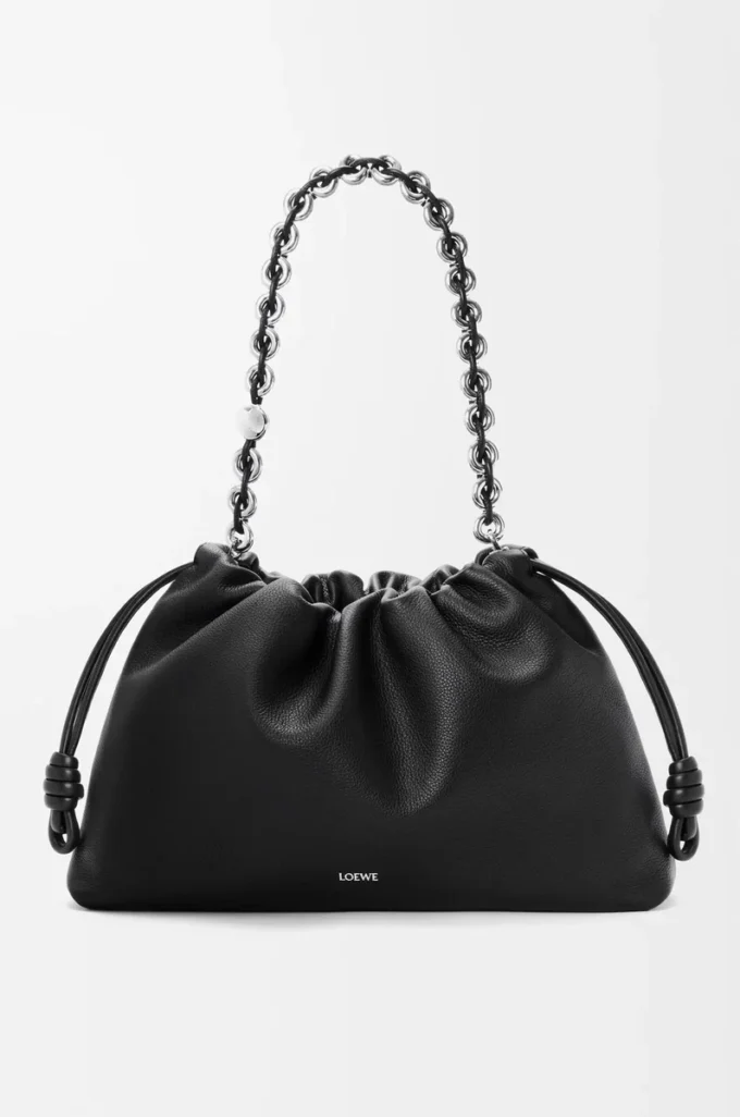 Grand sac à main Flamenco en cuir de veau grainé fin noir