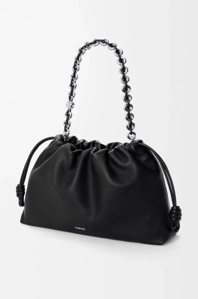 Grand sac à main Flamenco en cuir de veau grainé fin noir