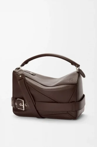 Grand sac Puzzle Biker en cuir de veau brillant Dark Chestnut