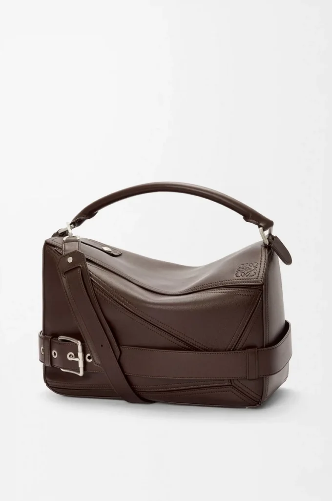 Grand sac Puzzle Biker en cuir de veau brillant Dark Chestnut