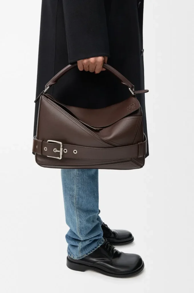 Grand sac Puzzle Biker en cuir de veau brillant Dark Chestnut