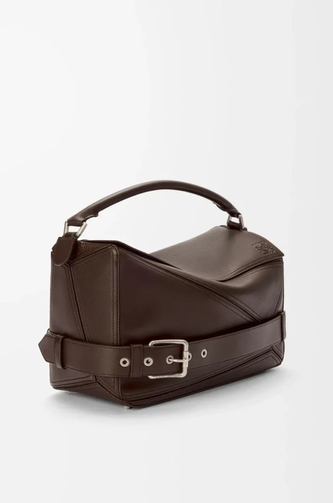 Grand sac Puzzle Biker en cuir de veau brillant Dark Chestnut