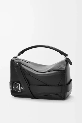 Grand sac Puzzle Biker en cuir de veau brillant Noir