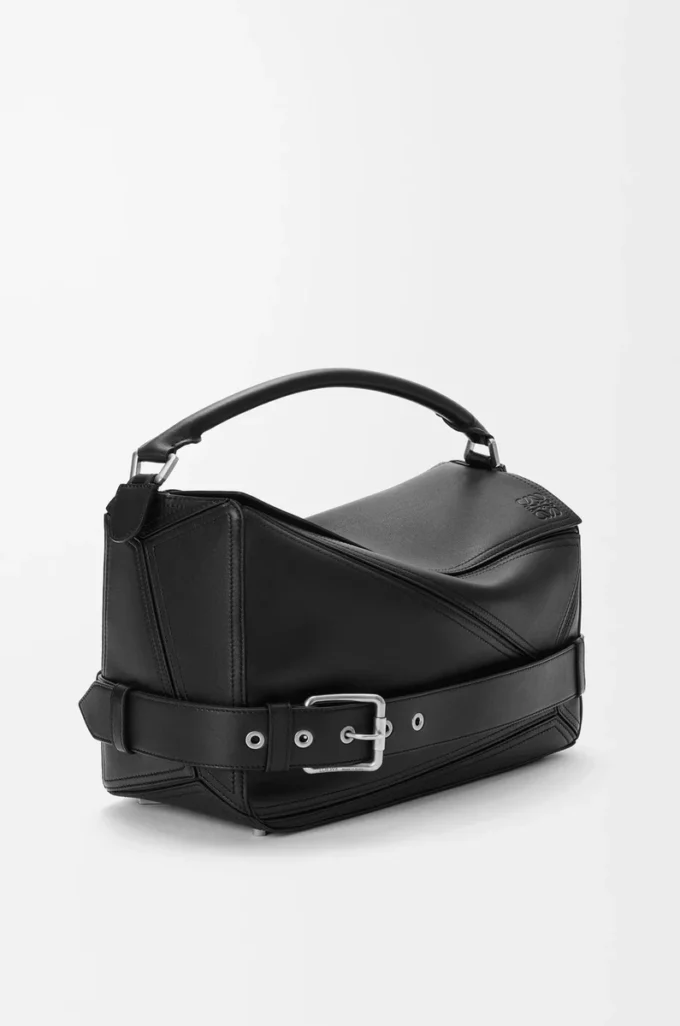 Grand sac Puzzle Biker en cuir de veau brillant Noir