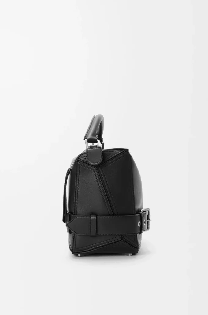 Grand sac Puzzle Biker en cuir de veau brillant Noir