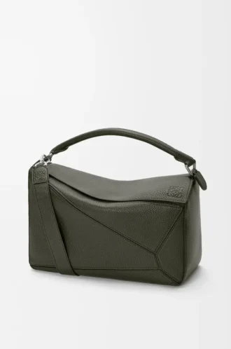 Grand sac Puzzle en cuir de veau grainé souple Kaki foncé