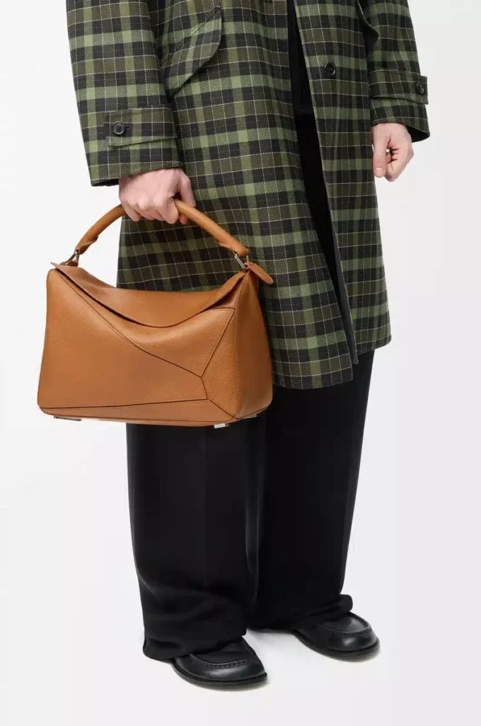 Grand sac Puzzle en cuir de veau grainé souple marron clair canyon