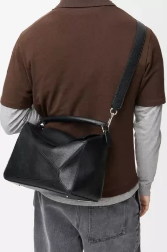 Grand sac Puzzle en cuir de veau grainé souple noir