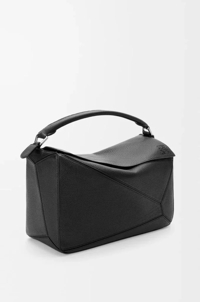 Grand sac Puzzle en cuir de veau grainé souple noir