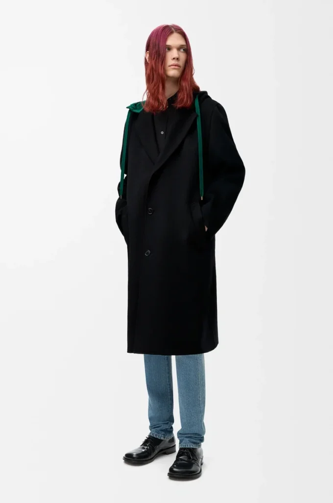 Manteau à capuche en laine et cachemire noir/vert Manteau à capuche en laine et cachemire noir/vert