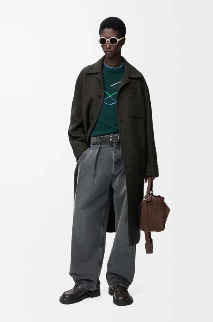 Manteau en laine et soie Kaki/Bleu