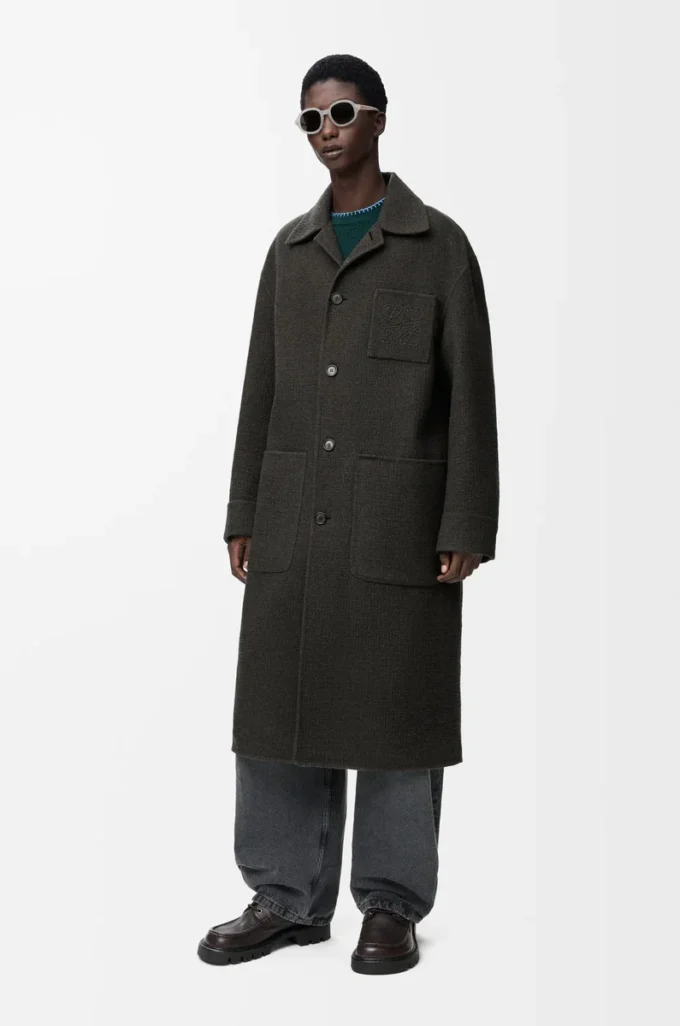 Manteau en laine et soie Kaki/Bleu
