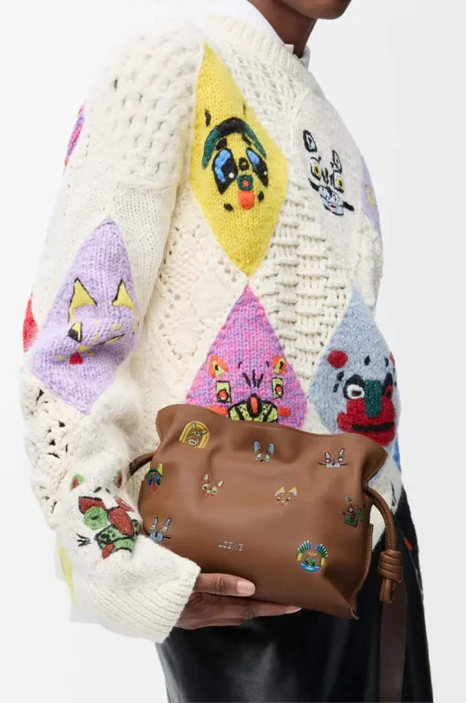 Mini pochette Flamenco Cats en cuir de veau nappa Moka