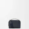 Mini sac à bandoulière pour appareil photo en cuir de veau grainé souple, couleur bleu marine foncé