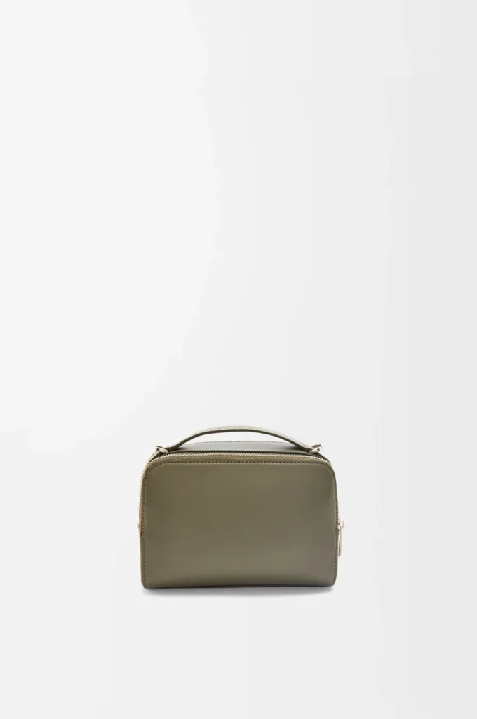 Mini sac à bandoulière pour appareil photo en cuir de veau satiné vert kaki
