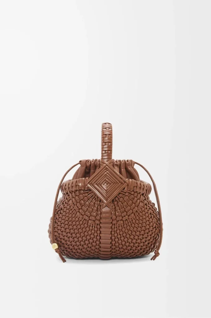 Mini sac Diamond Round Basket en cuir de veau Dark Tan