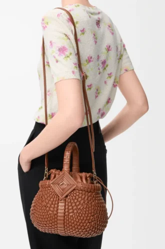 Mini sac Diamond Round Basket en cuir de veau Dark Tan Mini sac Diamond Round Basket en cuir de veau Dark Tan