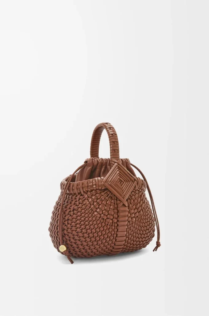 Mini sac Diamond Round Basket en cuir de veau Dark Tan