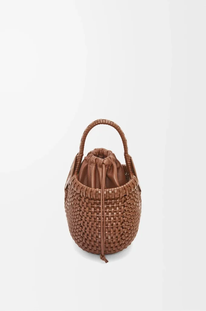 Mini sac Diamond Round Basket en cuir de veau Dark Tan
