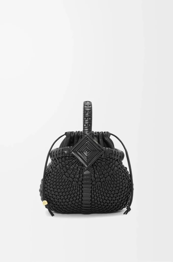 Mini sac Diamond Round Basket en cuir de veau Noir