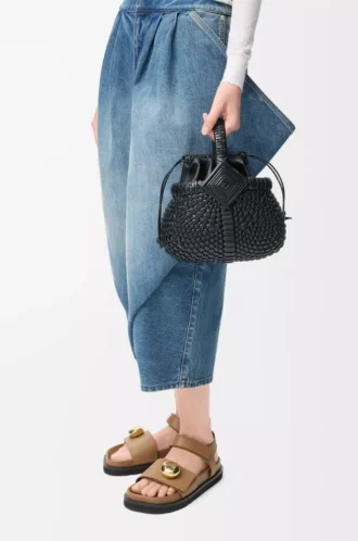 Mini sac Diamond Round Basket en cuir de veau Noir
