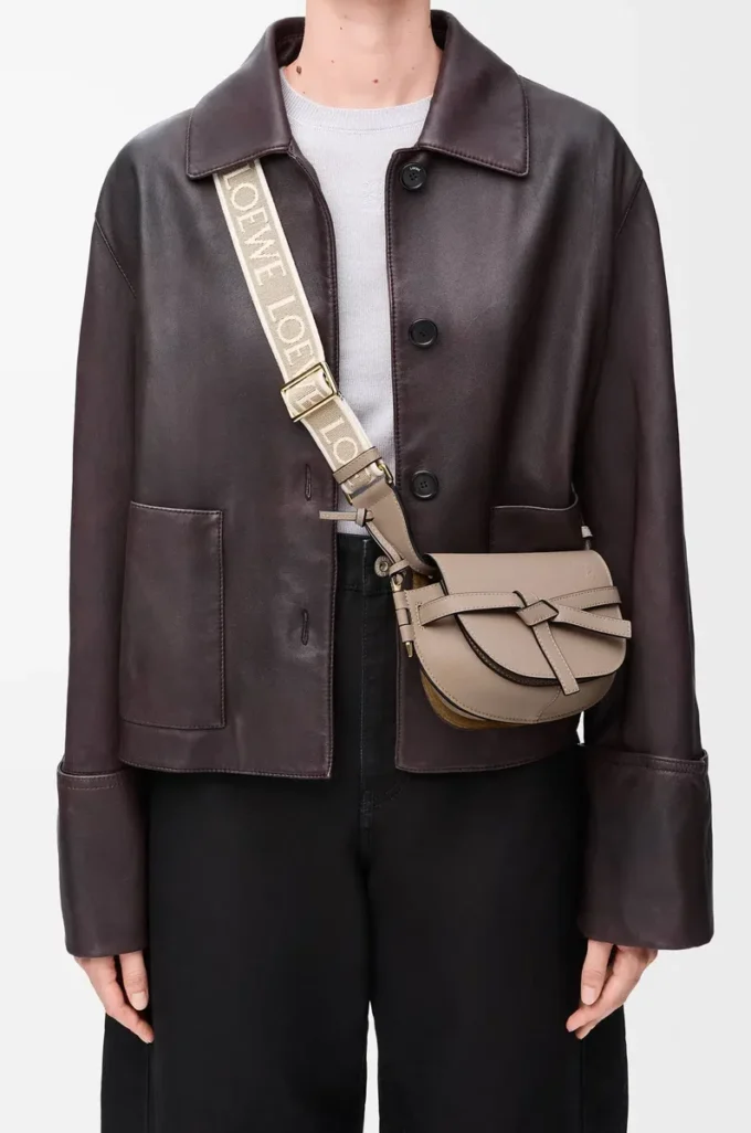 Mini sac Gate Dual en cuir de veau souple et jacquard Sand