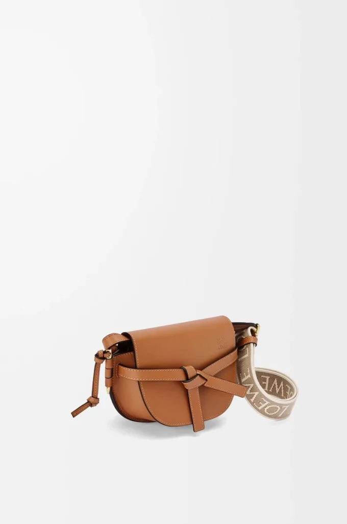 Mini sac Gate Dual en cuir de veau souple et jacquard Tan