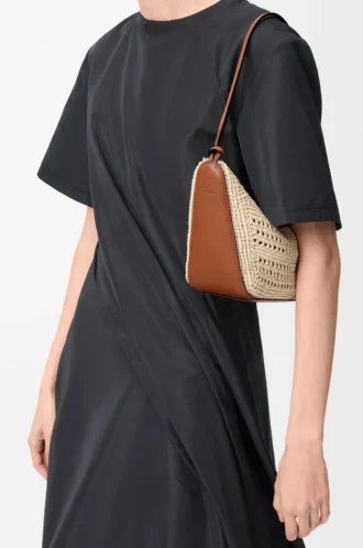 Mini sac Hammock Hobo en raphia et cuir de veau Tan/Naturel