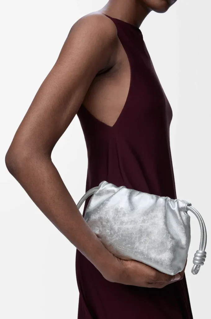 Mini sac à main Flamenco en cuir de veau imprimé moiré Argent