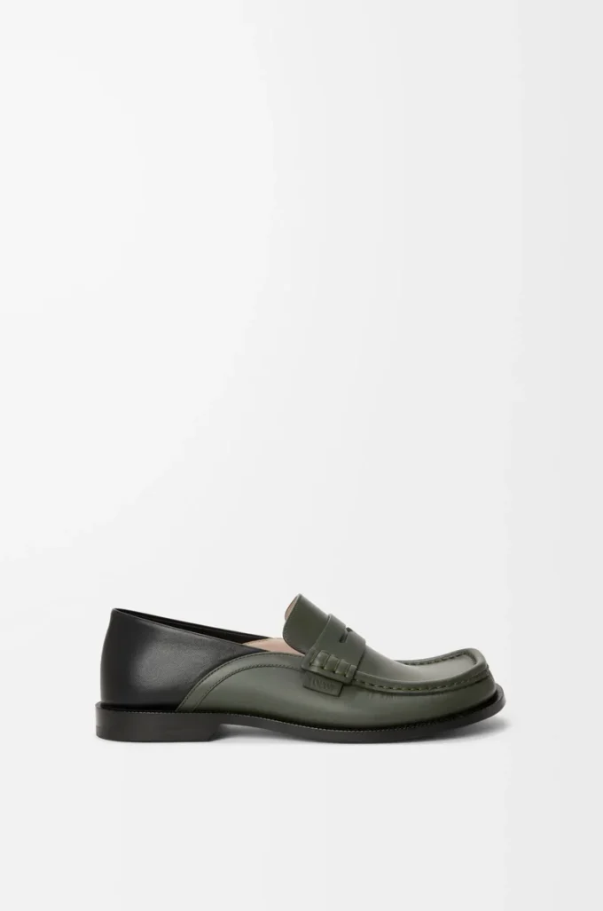 Mocassins Campo à rabat arrière en cuir de veau ciré vert sauge/noir