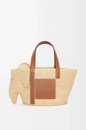 Panier Elephant en raphia et cuir de veau Naturel/Tan