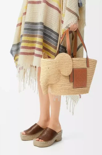 Panier Elephant en raphia et cuir de veau Naturel/Tan