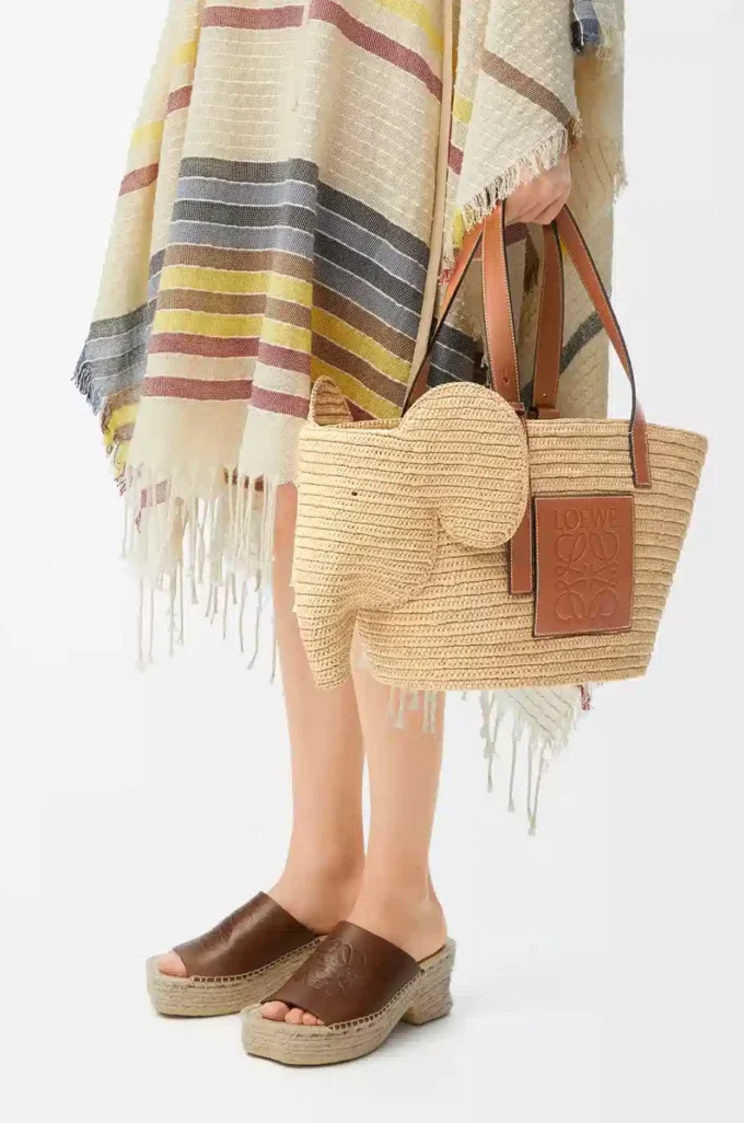 Panier Elephant en raphia et cuir de veau Naturel/Tan