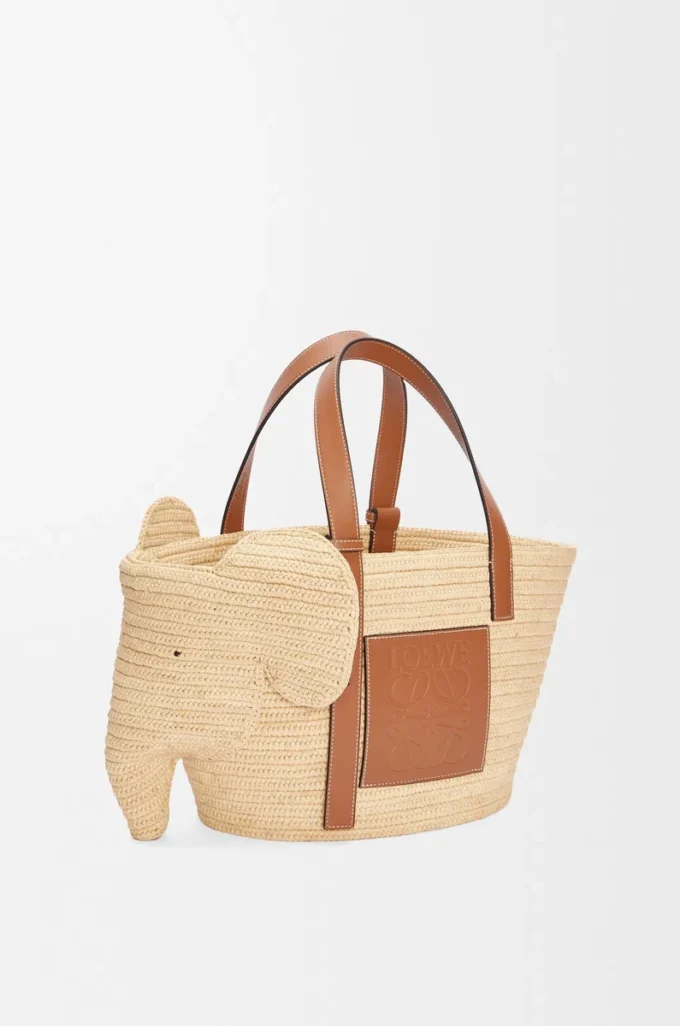 Panier Elephant en raphia et cuir de veau Naturel/Tan
