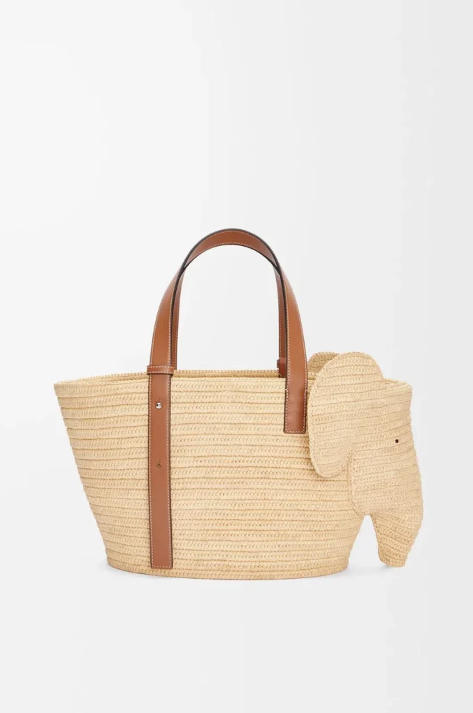 Panier Elephant en raphia et cuir de veau Naturel/Tan