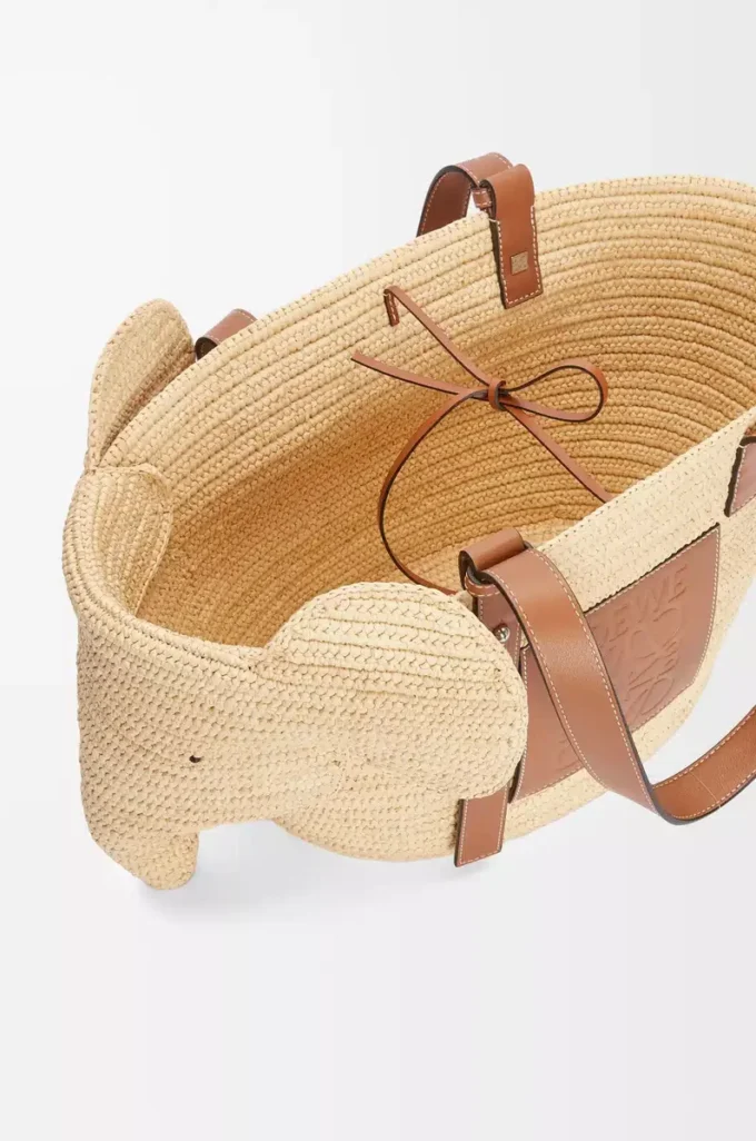 Panier Elephant en raphia et cuir de veau Naturel/Tan