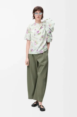 Pantalon bouffant en coton et soie Vert kaki