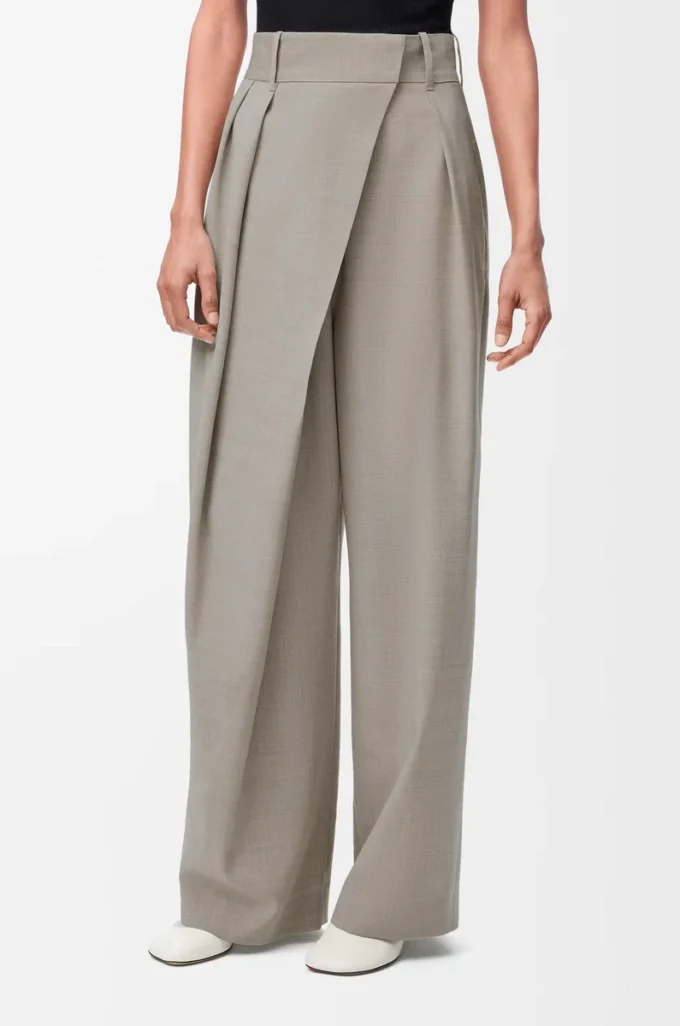 Pantalon cache-cœur en laine Beige clair chiné