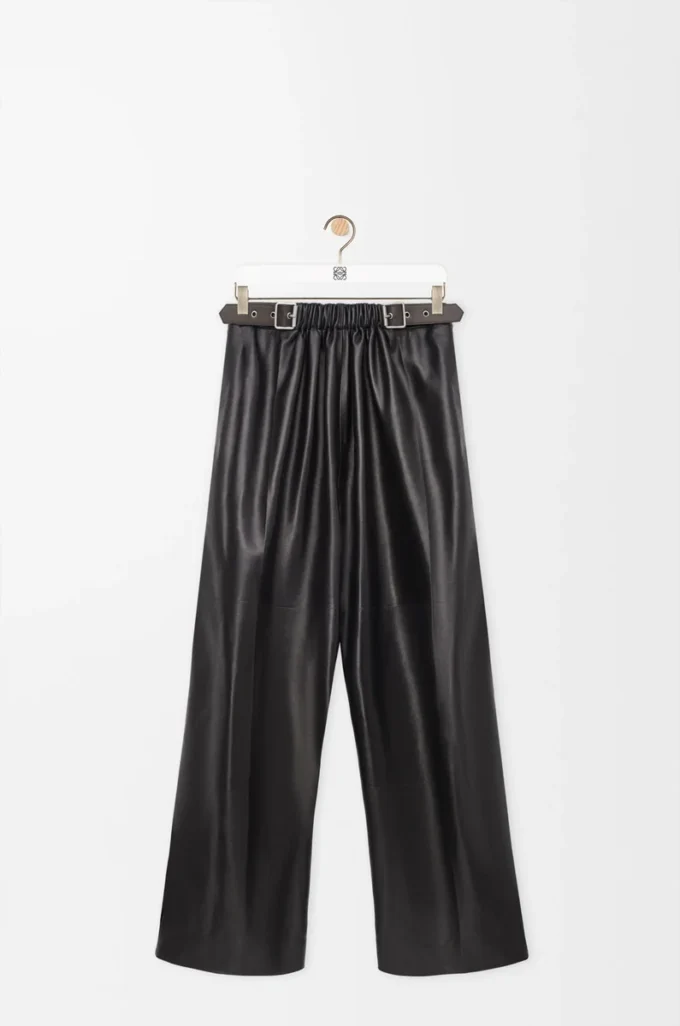 Pantalon ceinturé en cuir d&rsquo;agneau nappa Noir