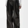 Pantalon ceinturé en cuir d&rsquo;agneau nappa Noir