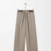 Pantalon ceinturé en laine Beige chiné