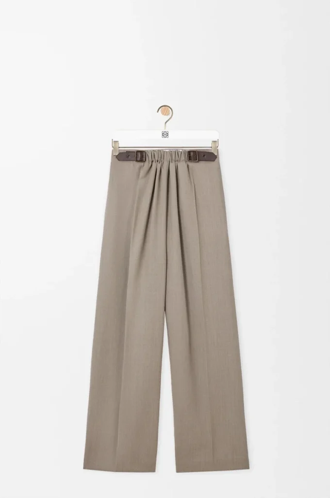 Pantalon ceinturé en laine Beige chiné