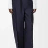 Pantalon ceinturé en laine et soie bleu marine