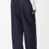 Pantalon ceinturé en laine et soie bleu marine