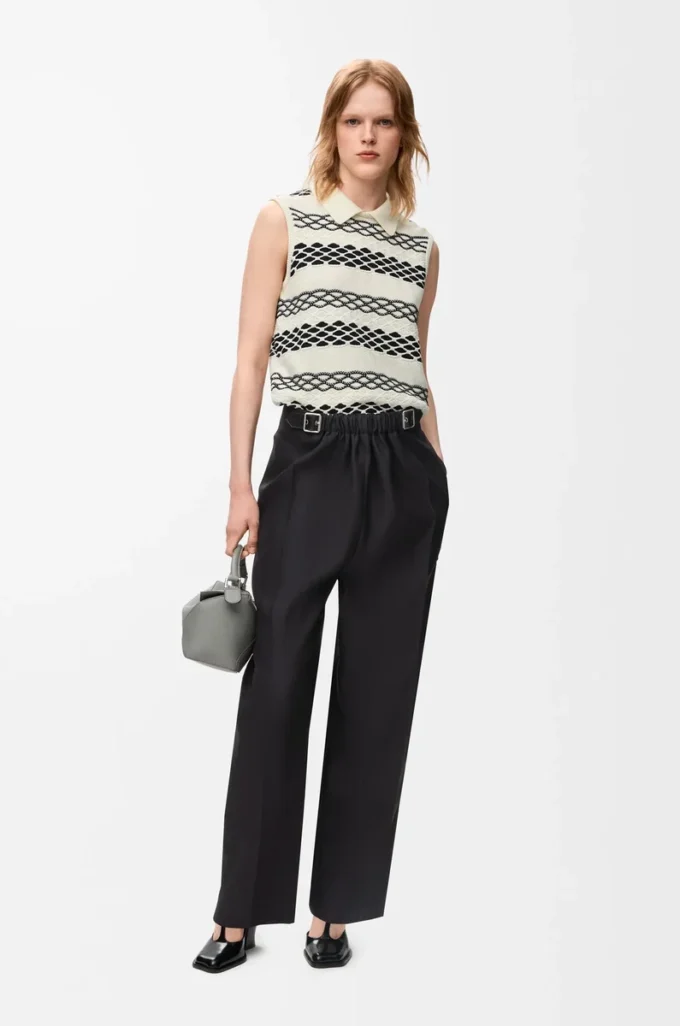 Pantalon ceinturé en laine et soie Noir